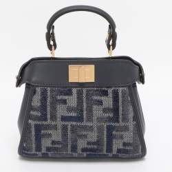 Pre Owned Fendi Blue FF Jacquard and Leather Nano Peekaboo Crossbody Bag