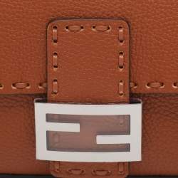 Pre Owned Fendi Brown Leather Metal Stitch Baguette Bag