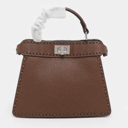 Pre Owned Fendi Brown Stitch Selleria Leather Petite Peekaboo ISeeU Top Handle Bag