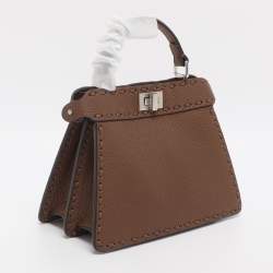 Pre Owned Fendi Brown Stitch Selleria Leather Petite Peekaboo ISeeU Top Handle Bag