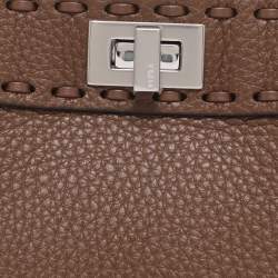 Pre Owned Fendi Brown Stitch Selleria Leather Petite Peekaboo ISeeU Top Handle Bag