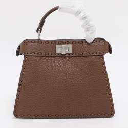 Pre Owned Fendi Brown Stitch Selleria Leather Petite Peekaboo ISeeU Top Handle Bag