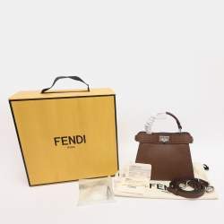 Pre Owned Fendi Brown Stitch Selleria Leather Petite Peekaboo ISeeU Top Handle Bag