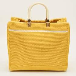 Pre Owned Fendi Yellow/White Crochet Fabric Medium Sunshine Shopper Tote