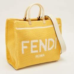 Pre Owned Fendi Yellow/White Crochet Fabric Medium Sunshine Shopper Tote