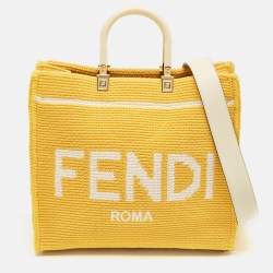Pre Owned Fendi Yellow/White Crochet Fabric Medium Sunshine Shopper Tote