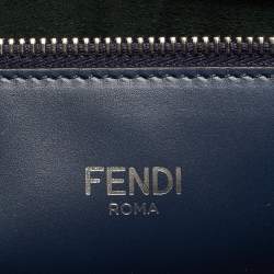 Pre Owned Fendi Peekaboo ISeeU Medium Navy Blue Jacquard Wover Fabric and Leather Top Handle Bag