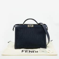 Pre Owned Fendi Peekaboo ISeeU Medium Navy Blue Jacquard Wover Fabric and Leather Top Handle Bag