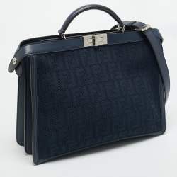 Pre Owned Fendi Peekaboo ISeeU Medium Navy Blue Jacquard Wover Fabric and Leather Top Handle Bag