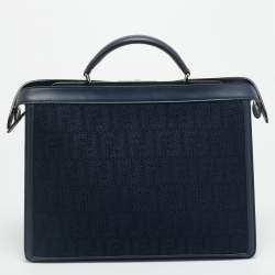 Pre Owned Fendi Peekaboo ISeeU Medium Navy Blue Jacquard Wover Fabric and Leather Top Handle Bag