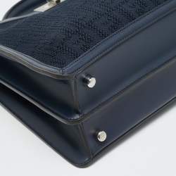 Pre Owned Fendi Peekaboo ISeeU Medium Navy Blue Jacquard Wover Fabric and Leather Top Handle Bag