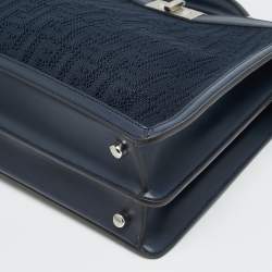 Pre Owned Fendi Peekaboo ISeeU Medium Navy Blue Jacquard Wover Fabric and Leather Top Handle Bag