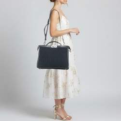 Pre Owned Fendi Peekaboo ISeeU Medium Navy Blue Jacquard Wover Fabric and Leather Top Handle Bag