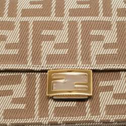 Pre Owned Fendi Baguette Beige FF Jacquard Denim Wallet On Chain