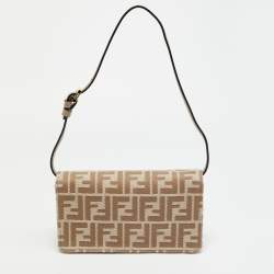 Pre Owned Fendi Baguette Beige FF Jacquard Denim Wallet On Chain