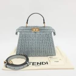 Pre Owned Fendi Peekaboo Iseeu Small Blue Woven Straw Top Handle Bag