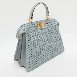 Pre Owned Fendi Peekaboo Iseeu Small Blue Woven Straw Top Handle Bag