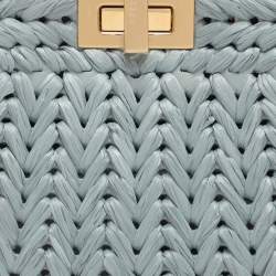 Pre Owned Fendi Peekaboo Iseeu Small Blue Woven Straw Top Handle Bag