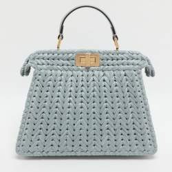 Pre Owned Fendi Peekaboo Iseeu Small Blue Woven Straw Top Handle Bag