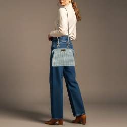 Pre Owned Fendi Peekaboo Iseeu Small Blue Woven Straw Top Handle Bag