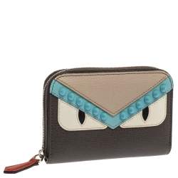 Pre Owned Fendi Multicolor Leather Mini Monster Eyes Zip Around Wallet