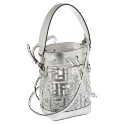 Pre Owned Fendi Silver PVC and Leather Mini Sequin F Mon Tresor Drawstring Bucket Bag