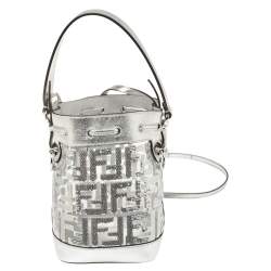 Pre Owned Fendi Silver PVC and Leather Mini Sequin F Mon Tresor Drawstring Bucket Bag