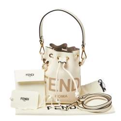 Pre Owned Fendi White Leather Mini Logo Mon Tresor Drawstring Bucket Bag