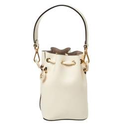 Pre Owned Fendi White Leather Mini Logo Mon Tresor Drawstring Bucket Bag