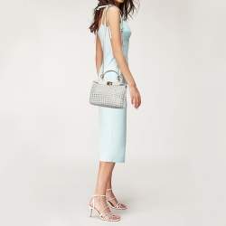 Pre Owned Fendi White Woven Leather Mini Peekaboo Top Handle Bag