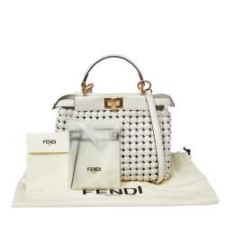 Pre Owned Fendi White Woven Leather Mini Peekaboo Top Handle Bag