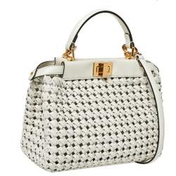 Pre Owned Fendi White Woven Leather Mini Peekaboo Top Handle Bag