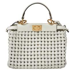 Pre Owned Fendi White Woven Leather Mini Peekaboo Top Handle Bag