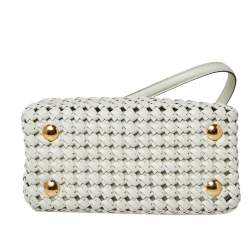 Pre Owned Fendi White Woven Leather Mini Peekaboo Top Handle Bag