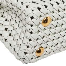 Pre Owned Fendi White Woven Leather Mini Peekaboo Top Handle Bag