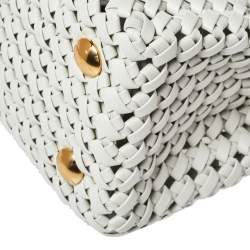 Pre Owned Fendi White Woven Leather Mini Peekaboo Top Handle Bag