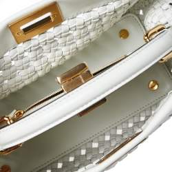 Pre Owned Fendi White Woven Leather Mini Peekaboo Top Handle Bag