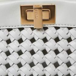 Pre Owned Fendi White Woven Leather Mini Peekaboo Top Handle Bag