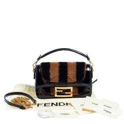 Pre Owned حقيبة باغيت فندي ميني بيكوين جلد لامع وفرو بني/أسود