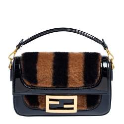 Pre Owned حقيبة باغيت فندي ميني بيكوين جلد لامع وفرو بني/أسود