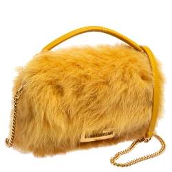 Pre Owned Fendi Yellow Fur And Leather Mini Baguette Bag