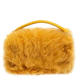 Pre Owned Fendi Yellow Fur And Leather Mini Baguette Bag