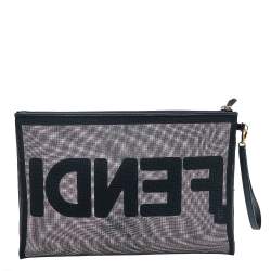 Pre Owned Fendi Black Mesh and Leather Large Logo Flat Pouch
