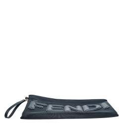 Pre Owned Fendi Black Mesh and Leather Large Logo Flat Pouch