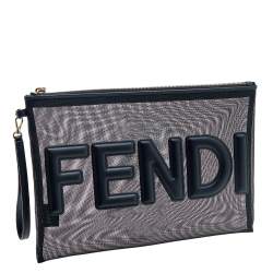Pre Owned Fendi Black Mesh and Leather Large Logo Flat Pouch