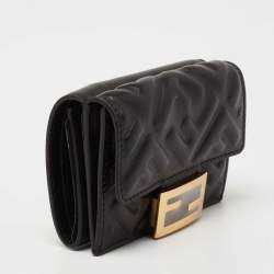 مملوكة مسبقًا محفظة فندي جلد نقشة أف أف أسود ثلاثية الطية صغيرة 