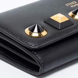 Pre Owned Fendi Black Leather Studded Flap Wallet On Chain