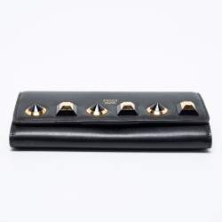Pre Owned Fendi Black Leather Studded Flap Wallet On Chain