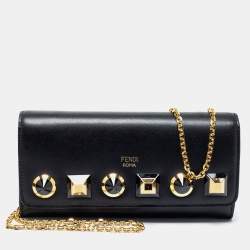 Pre Owned Fendi Black Leather Studded Flap Wallet On Chain