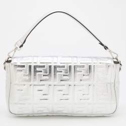 Fendi Silver FF Embossed Leather Large Baguette Shoulder Bags